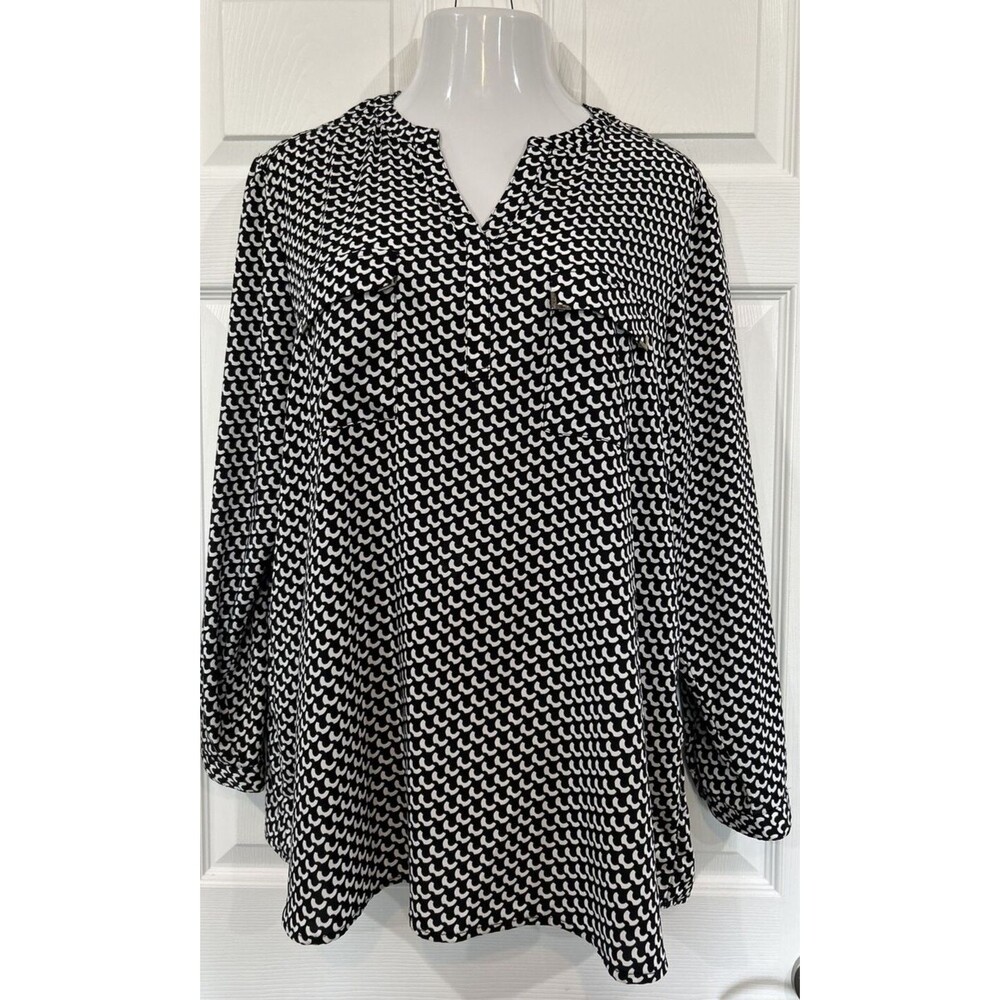 Norm Thompson Black Geometric Print Stretch Career Blouse Tunic Top Plus Size 1X